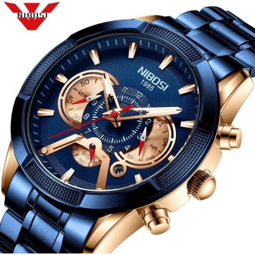 NIBOSI Mens Watch Top Luxury Brand Big Waterproof Blue Quartz Men Watches Chronograph Sport Wristwatch Man Relogio Masculino