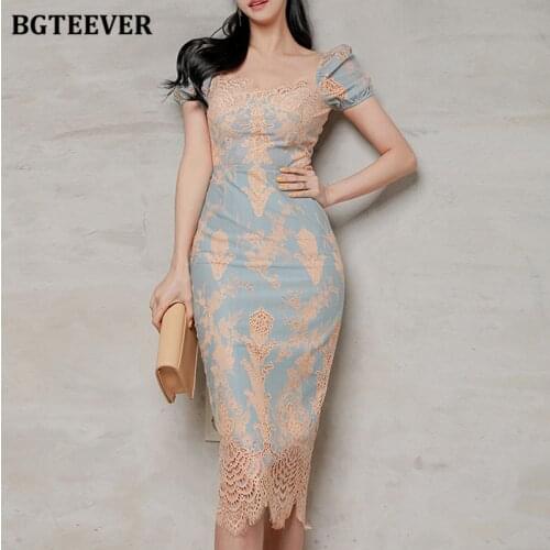 BGTEEVER Stylish Chic Square Collar Women Lace Package Hip Dress Summer Puff Short Sleeve Slim Split Female Pencil Dress 2021