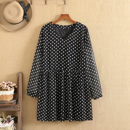 Plus Size Dress For Women In Spring And Autumn Wear V-Neck Long Sleeve Polka Dot Knee Skirt Large Size Dress For Fatwomens Wear