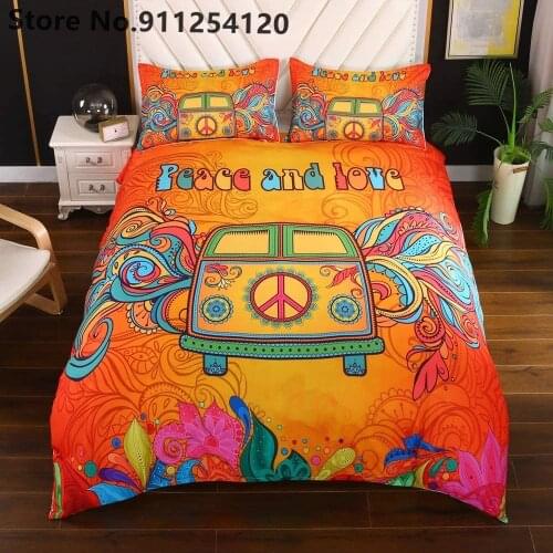 Luxury Duvet Cover Sets Hippie Psychedelic Camper Van Peace Sign 2/3 Piece Bedding Sets Teens Girls Bed Quilt Cover Bedding Set