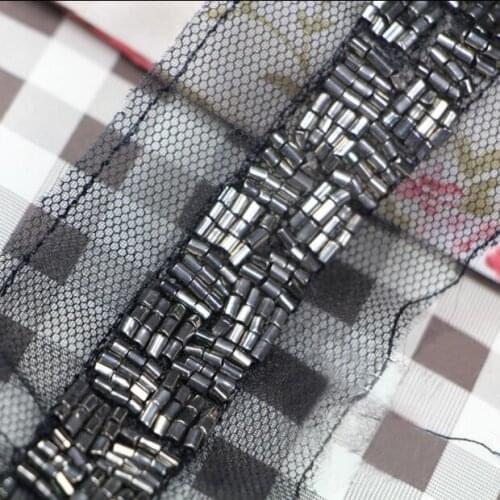 2Yards New Beading Lace Trims Beaded Ribbon Applique Black Mesh Lace Fabric For Sewing Curtain Clothing Accessories Decoration