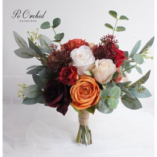 PEORCHID Fall Burgundy&Red Wedding Bouquet De Fleur Artificielle Roses Custom Bridal Flowers Bridesmaid Bouquet Da Sposa
