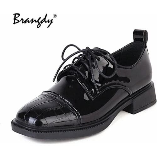 Brangdy Solid Leather Oxford Shoes for Women Autumn Spring Women Shoes Woman Pumps Thick High Heels Lace Up Casual Shoes