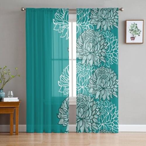Tulle Curtains Teal Chrysanthemum Texture Boys And Girls Bedroom Sheer Hanging Curtain Living Room Kitchen Gauze Curtain