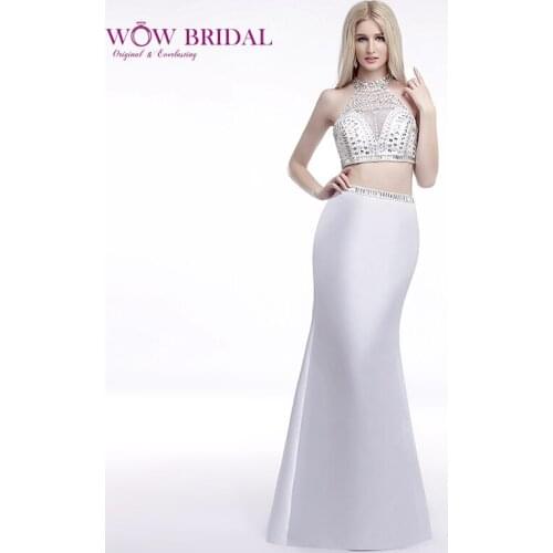 Wowbridal Graceful White Two Piece Prom Dress 2021 Halter Off the Shoulder Beaded Open Back Crystal Mermaid Long Formal Gown