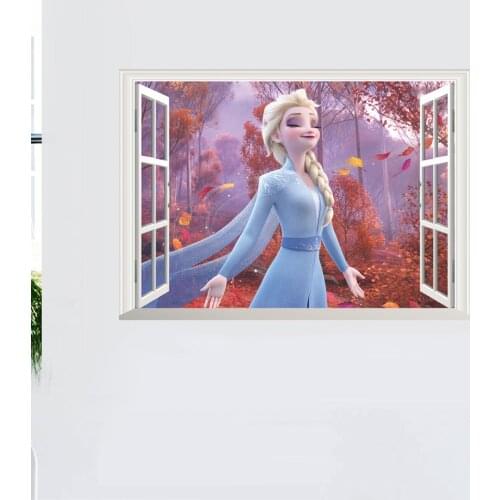 Vivid Cartoon Disney Frozen 2 Elsa Anna 3D Window Wall Stickers For Kids Room Bedroom DIY Wall Decoration Princess Movie Posters