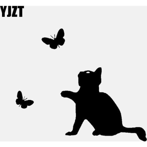 YJZT 13CM*11.1CM Cat Butterfly Sticker Animals Vinyl Decal Car Stickers Decoration Black/Silver C24-0097