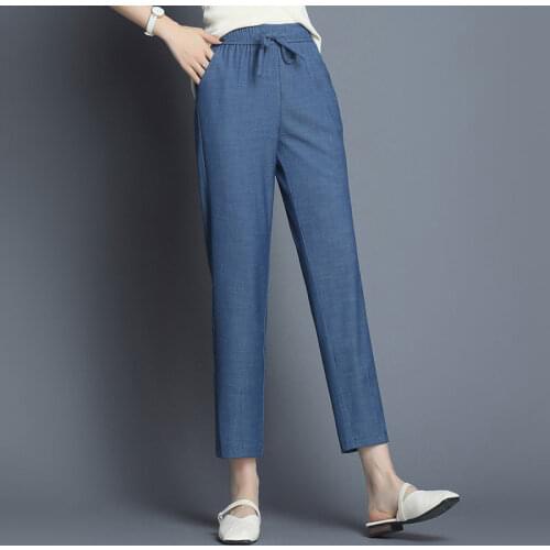 Women Summer Blue Harem Jeans Loose Mom Jeans High Waist Streetwear Washed Denim Long Trousers Bottoms Slouchy Jeans Plus Size