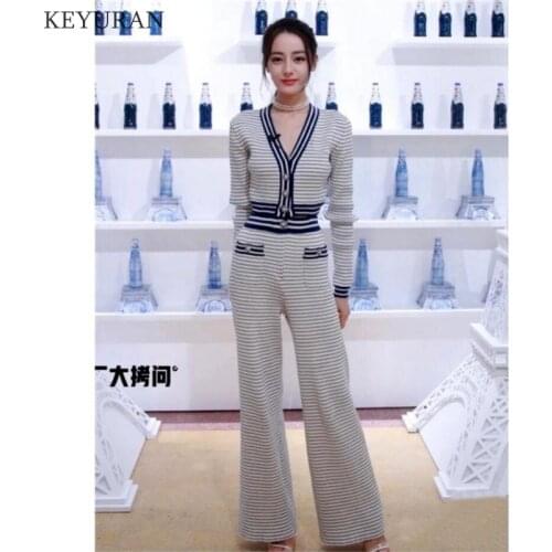 Fashion Womens Set Striped Two Piece Set Long Sleeve Knit Cardigan Sweater Top And Loose Wide Leg Pants Set Bottom Suit Outfits
