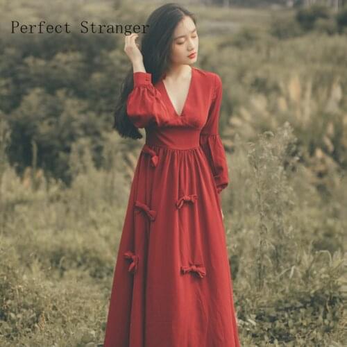 2020 Retro Spring New Arrival Retro Hot Sale V Collar Bowknot Decorated Women Long Dress