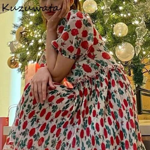 Vintage Spring 2021 Retro Cute Dresses O Neck Puff Sleeve Rose Print Fungus Vestido High Waist Slim Woman Clothing