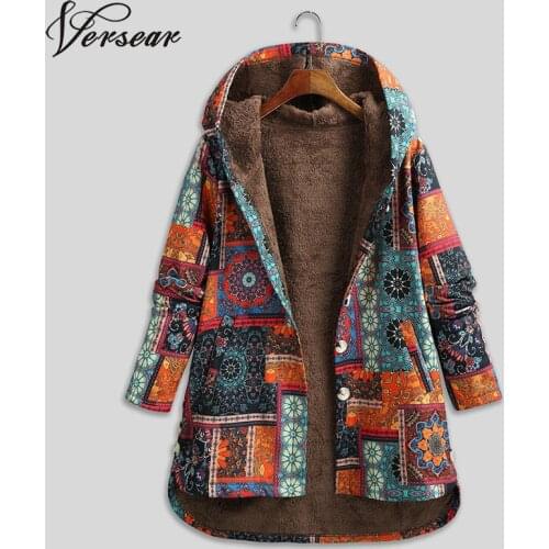 Women Vintage Loose Hooded Coat Floral Printed Fleeces Lining Buttoned Plus Size Winter Warm Parka Casual Long Coat Outwear