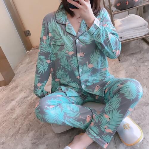 14 Style Kawaii Sleepwear Thin Pajama Set Women Long Sleeve Top Pant Elegant Pattern Printed Button Pijama Mujer Home Clothes