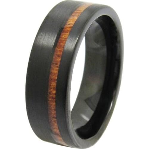 2020 Vintage 8mm Width Black Mens Tungsten Carbide Rings Flat Top Brushed Finish Inlay Natural Koa Wood for Engagement Size 6-13