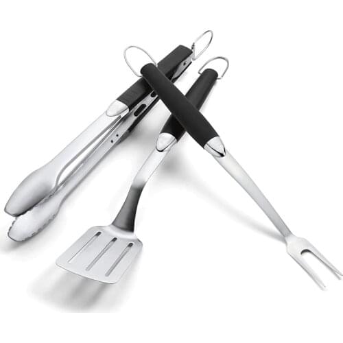 3pcs Stainless Steel Grill Tool Set Barbecue Fork Tongs Grilling Spatula Portable Multifunction BBQ Grill Tool Kitchen Utensils