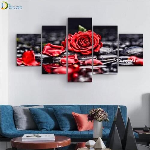 5 Panel Diamond Painting Red Rose HD Nordic Wall Art Full Drill Mutl-Picture Diamond Embroidery Cross Stitch Kit Handmade Gift