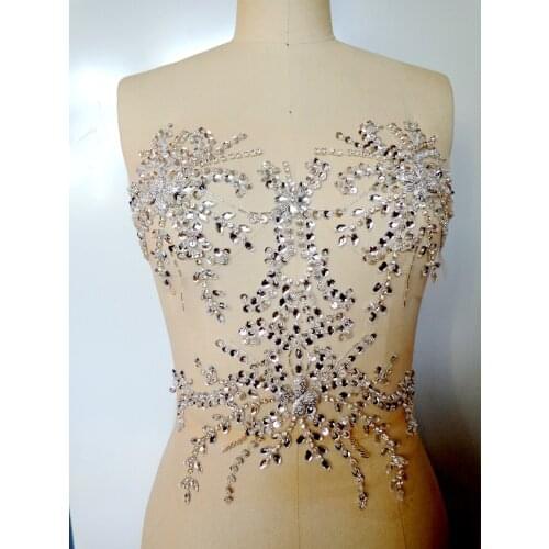 Handmade white Hot drilling Rhinestone pearl lace embroidery patch applique wedding dress bordados DIY Performance clothing