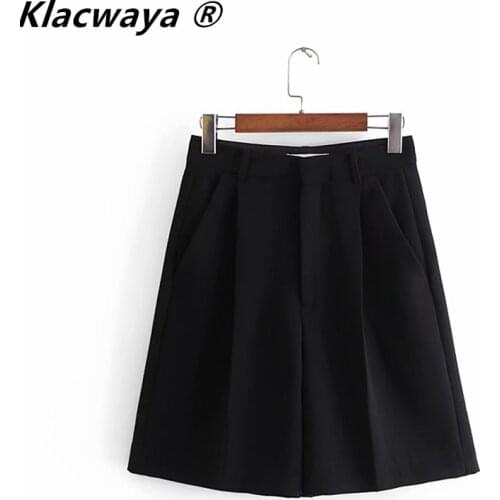 Klacwaya Woman Five-Point Pants Harajuku High-Waist Straight-Leg Pants Black Office Femme Summer High Waist Wide Leg Pants