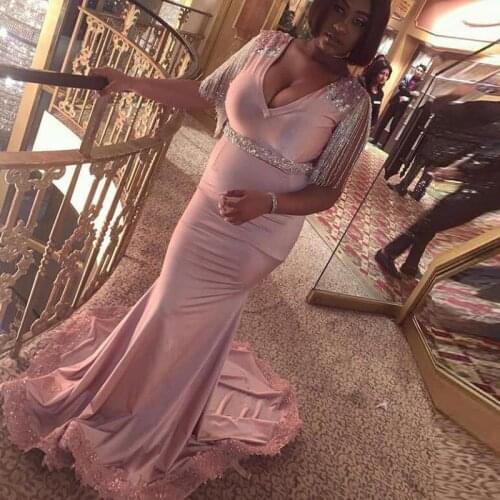 Long Pink V Neck Evening Dresses Applique Beads 2020 Sleeveless Sweep Train Tassel Mermaid Prom Gowns