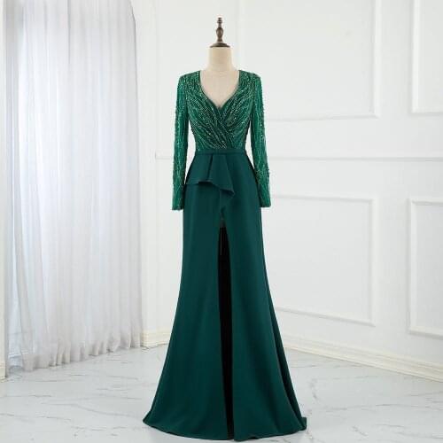 Elegant Emerald Green Long Sleeve Mermaid Evening Dresses V Neck Lace Beaded Formal Women Party Dress Floor-Length