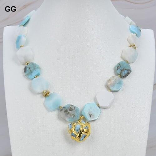 GG Jewelry Natural Hexagon Blue Larimar choker Necklace Heart shaped Larimar Gold color Plated Pendant necklace for women