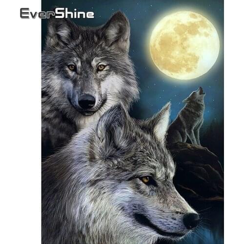 EverShine Full Drill Square Diamond Painting Wolf Mosaic Handmade Gift Diamond Embroidery Animals Cross Stitch Moon Home Decor