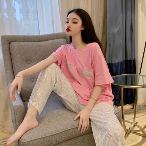Hi Girl Women Summer 2pcs Set Diamonds Beading Short Sleeve Tshirt + Empire Shiny Wide Leg Pant Suit Sexy Chic Outfit White Pink