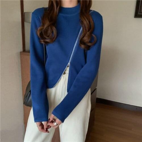 Irregular zipper top bottoming shirt with female spring and autumn small foreign style Joker sweater tide