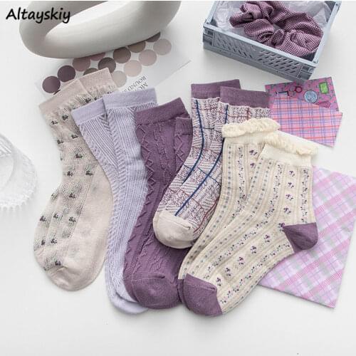 Cute Socks Women Summer Leisure Thin Floral Lolita Japanese Students Purple Kawaii All-match Fashion Breathe Design Middle Tube