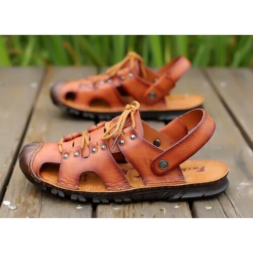 2021 summer leather casual beach shoes mens soft sole stitched dual-use sandals and slippers