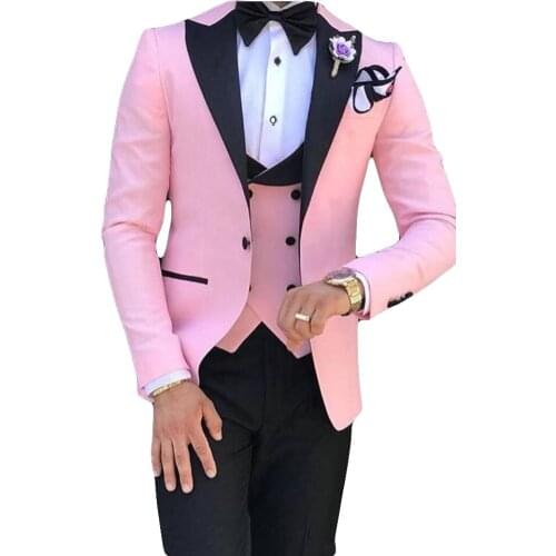 Pink With Black Lapel Suits for Men 2020 Custom Made Terno Slim Groom3 Piece Wedding Mens Suit Masculino(Jacket+Pant+Vest)