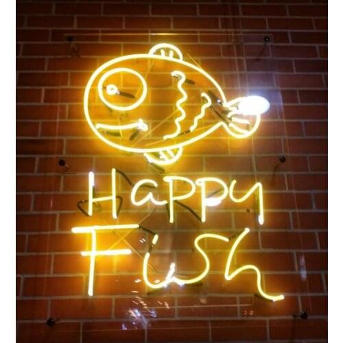 Neon Sign Happy Fish Neon light Hotel Neon Wall Sign Display Window Advertise Lamp Decorate Home color Handmade Real glass TUBE
