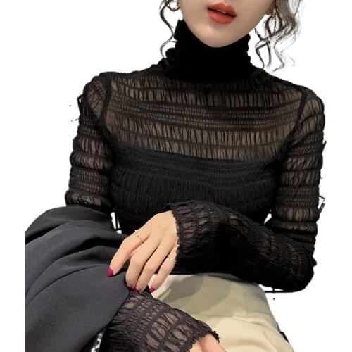 2021 Autumn New Fashion Women black Top Long Sleeve High Tight Collar Nude Color Mesh Yarn SEXY see ThroughT-shirt
