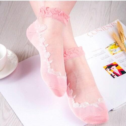 New Transparent Short Lace Socks Women Summer Hollow Out Boat Socks Slippers Female Soft Mesh Ankle Invisible Sock Meias Pink