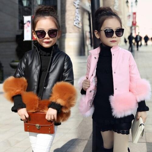 New Winter Girls Leather Patchwork Faux Fur Coats Children Girl fashio Plush Thick Warm Cotton Princess Jacket Outwear CT052