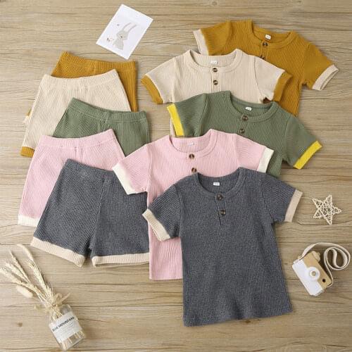 2Pieces Summer New Kids Baby Boys Girls Clothing Set Unisex Cotton Ribbed Short Sleeve Pullover+Shorts for Toddler Infant