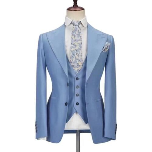 Tailor made luxury noble quality fashion sky blue men for wedding Pointed lapel man suit slim fit party Blazer Jacket+Vest+pants