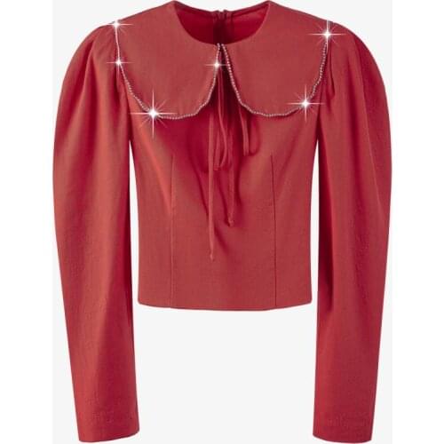 Lapel Collar Red Lantern Sleeve Shirt Rhinestones Peter Pan Collar Cute Short Long Sleeves Blouse Elegant Summer Women Vestido