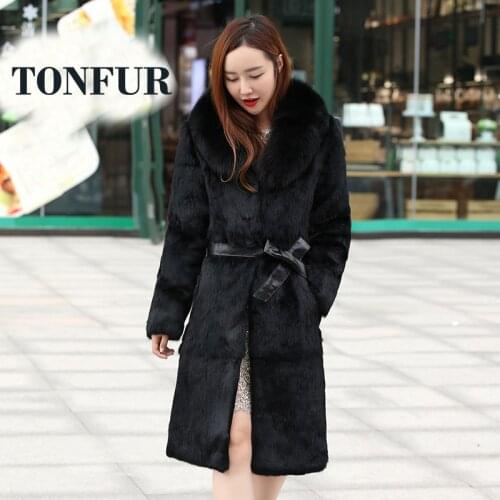 Full Pelt 100% Genuine Real Rabbit Fur X Long Coat For Women Factory OEM With Luxury Ladies Fox Fur Collar Jacket SR128