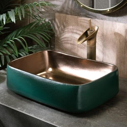Rectangle Europe Vintage Art Countertop Basin Sink Bathroom sink Ceramic wash basin green with gold