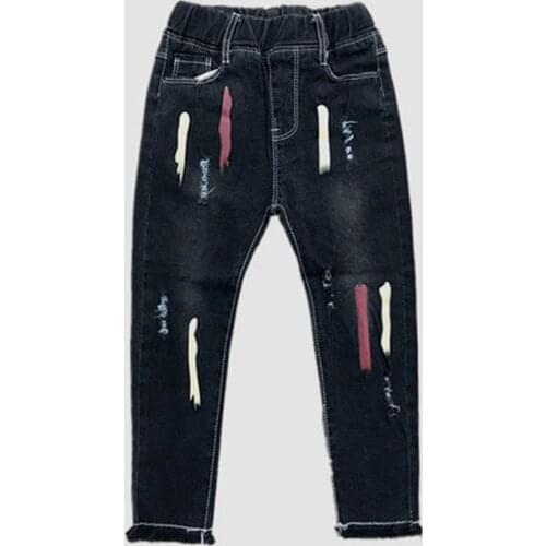 Hot sale 2019 spring children clothing Boys and Girls fashion distrressed color print elastic Jeans Pants 3-8 years