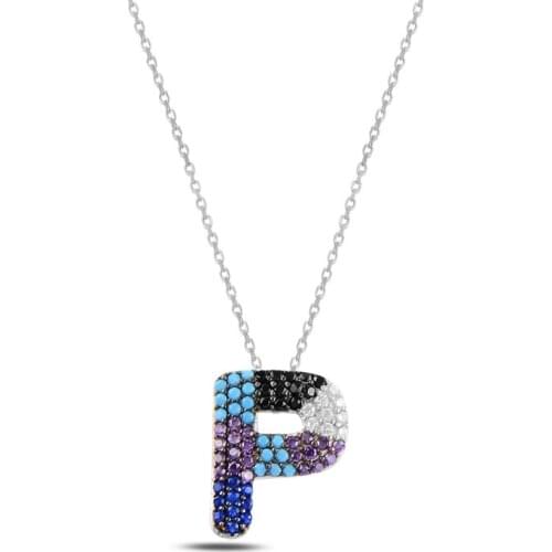 Silver 925 Sterling-P-Letter Colorful Zircon Stone Ghost Pendant