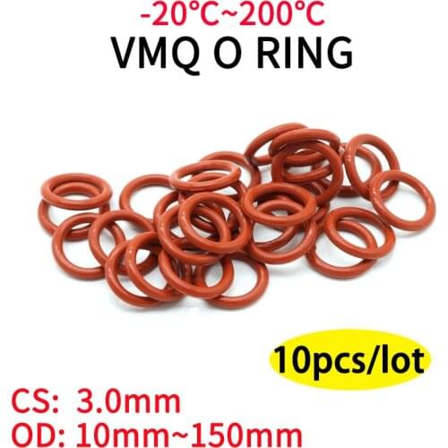 10pcs VMQ O Ring Seal Gasket Thickness CS 3mm OD 10 ~ 70mm Silicone Rubber Insulated Waterproof Washer Round Shape Nontoxi Red