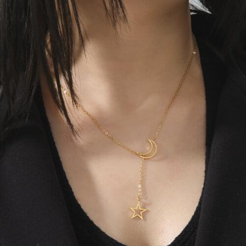 Skyrim Fashion Moon Star Pendant Necklace for Women Girls Stainless Steel Gold Color Necklaces Collier Party Jewelry Gifts 2021