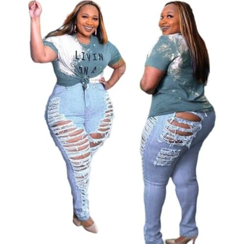 Unique Women Solid Ripped Jeans Big Size Lady Sexy Nightcub Wear High Waist Hollow Out High Resilience Bodycon Denim Pencil Pant