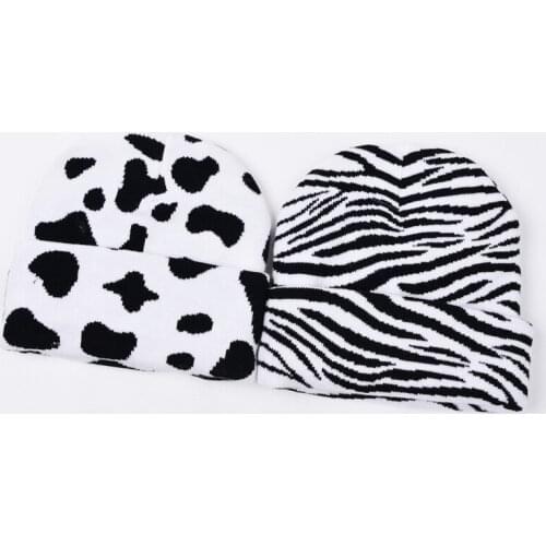 Zebra Pattern Cow Pattern Knitting Keep Warm Crimping Beanie Hat Unisex Autumn Winter Fashion Stripe Skull Cap Women Ski Cap