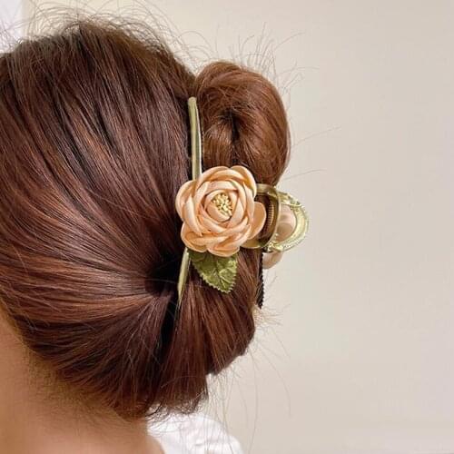 Rose Hair Claw Clip Elegant Metal Updo Hair Jaw with Simulation Flower Decor Shower Hair Clamps for Girls Women 10.5cm LL@17