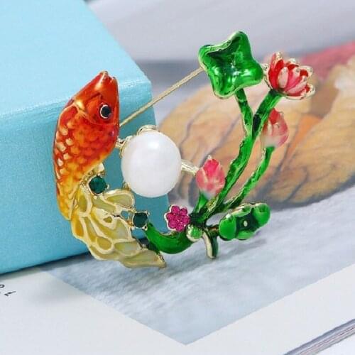 Chinoiserie Enamel Fish Pins Gold Fish Broochs For Women Men Coat Clothes Jewelry Accessories Lotus Flower Brooch Birthday Gift