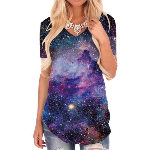 KYKU galaxy T Shirt Women Space Shirt Print universe Funny T shirts nebula V-neck Tshirt Womens Clothing summer Loose Streetwear