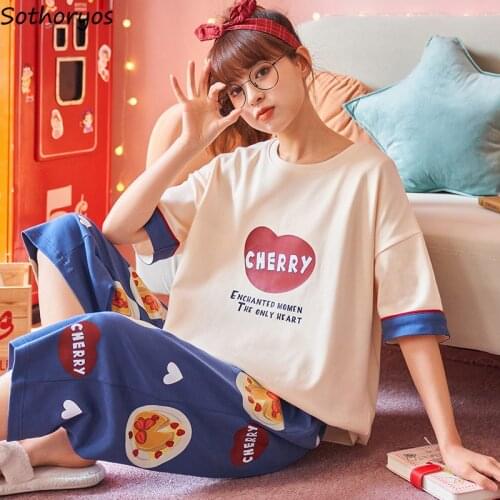 Women Pajama Sets Short Sleeve Tops Mid-calf Pants Lovely Sleepwear Cozy Teenagers Breathable Home Lounge Summer Trendy Popular